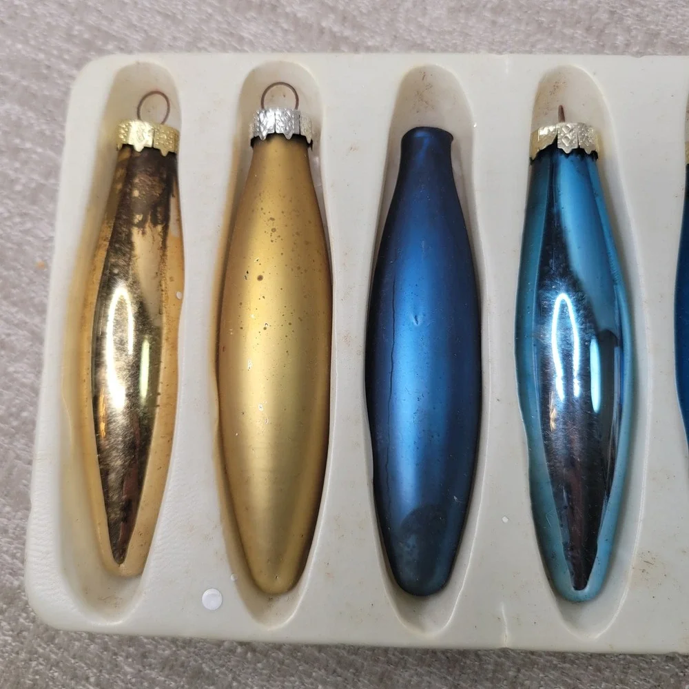 Vintage Glass Christmas Ornaments Teardrop Torpedo Jewel Tone Mixed Set of 9